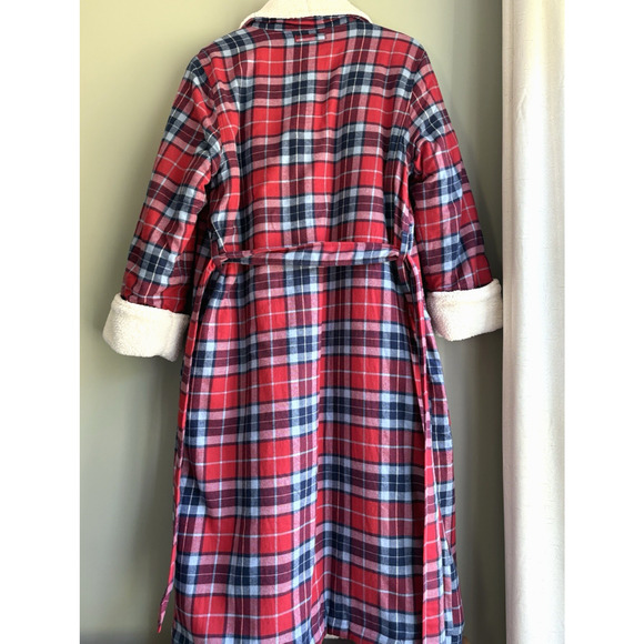LANDS END Size Large 14-16 Red Plaid Cotton Flannel Sherpa Lined Bath Robe Cozy - Picture 8 of 15